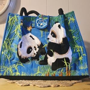 Panda Embroidered Purse Eating Bamboo Vibrant Colors - Like New Condition